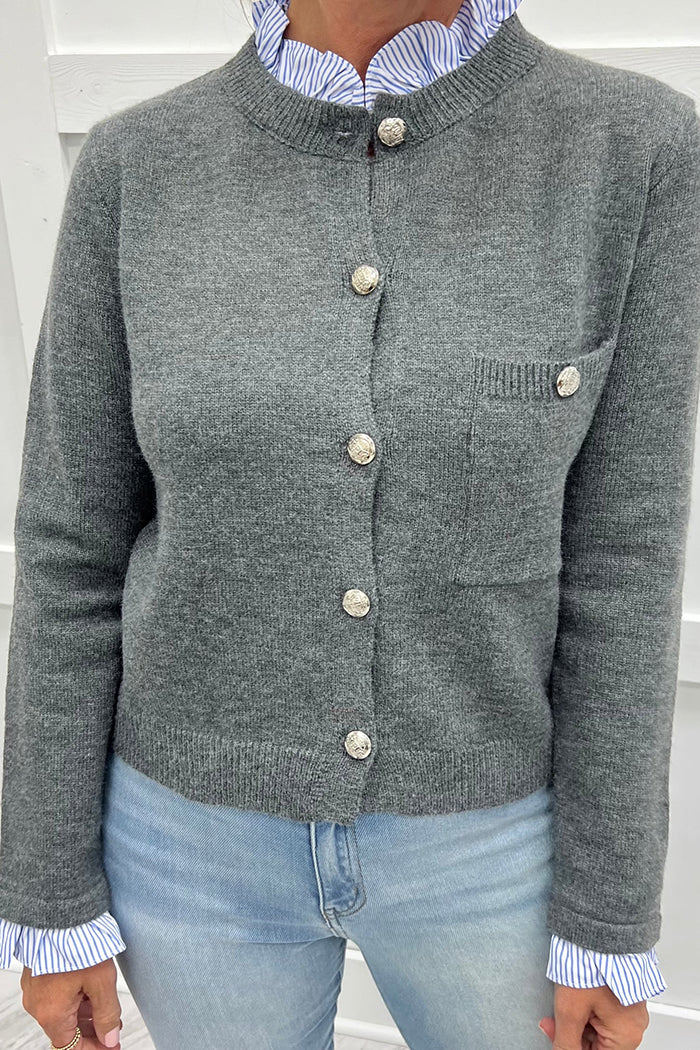 Ruffle Neckline Crewneck Cardigan