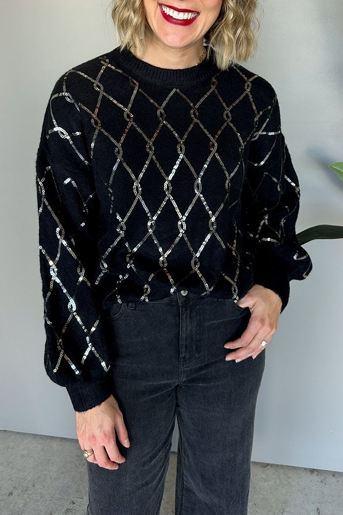 Chain Pattern Sequin Crew Neck Sweater