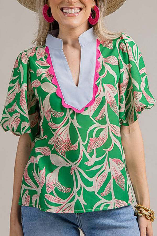 Scallop Neck Print Top