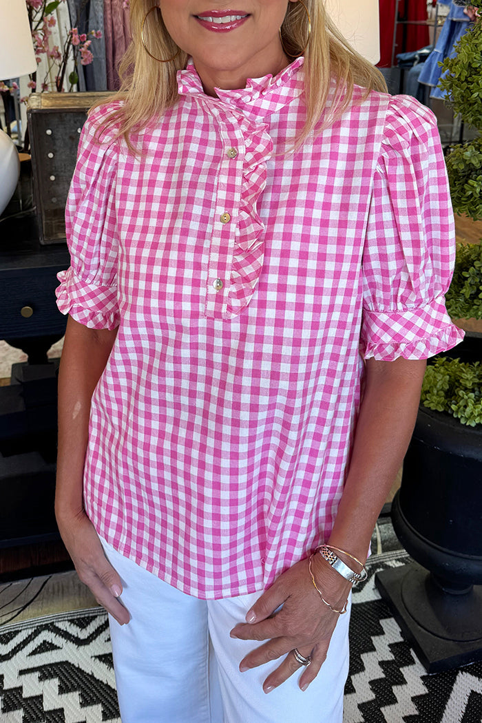 Gingham Ruffled Puff Sleeve Top
