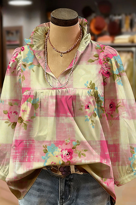 Floral Print Ruffled V-Neck Puff-Sleeve Blouse