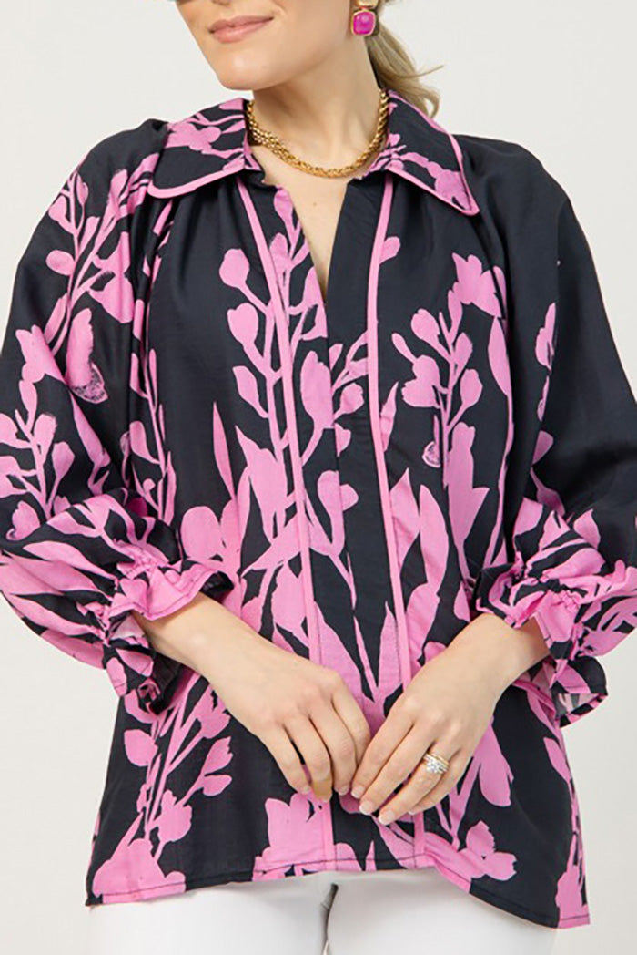 Midnight Floral Ruffle Cuff Blouse