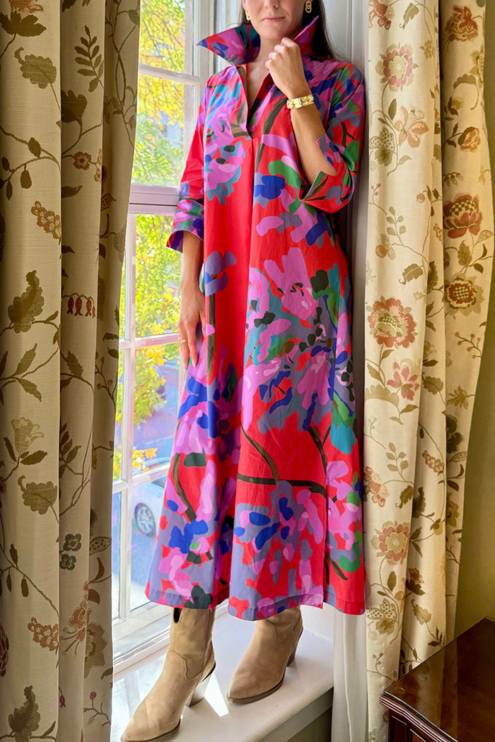 Watercolor Floral Collared Pocket Maxi Shirt Dress