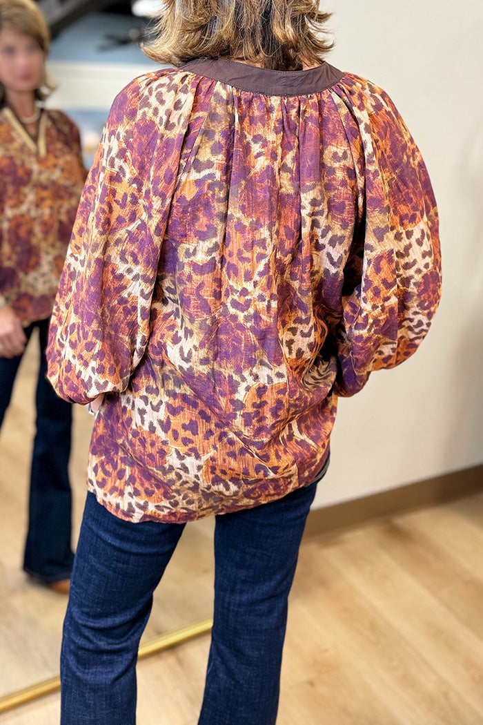 Animal Print Contrast Trim Blouse