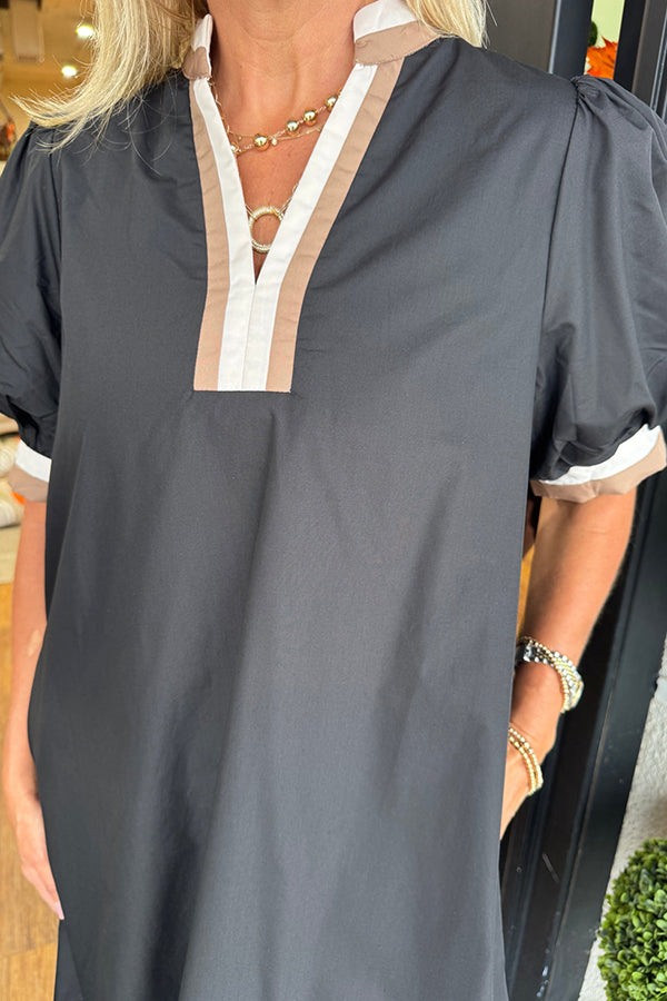 Puff Sleeve Contrast Trim Dress
