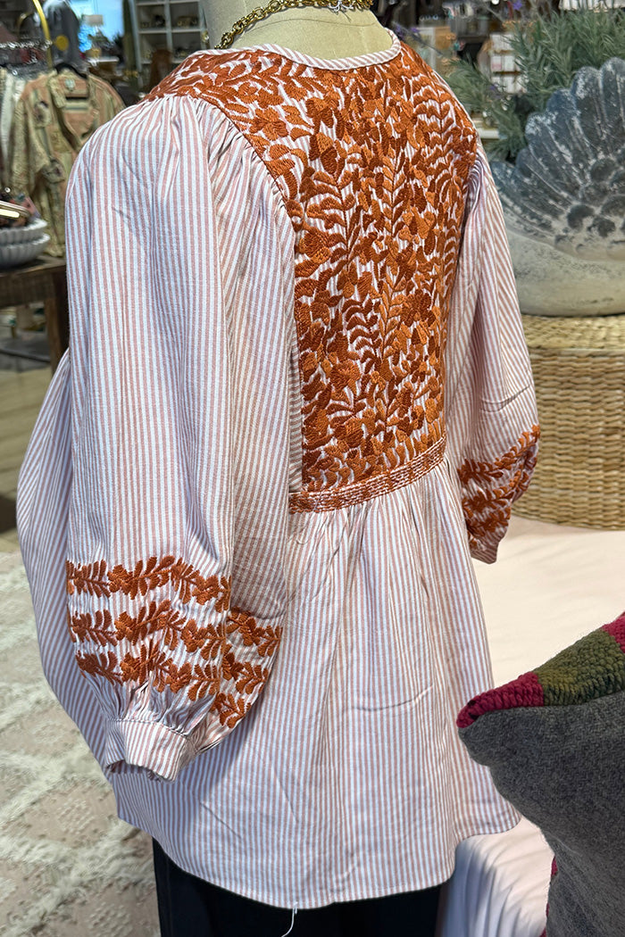 3/4 Sleeve Embroidered Yoke Striped Top