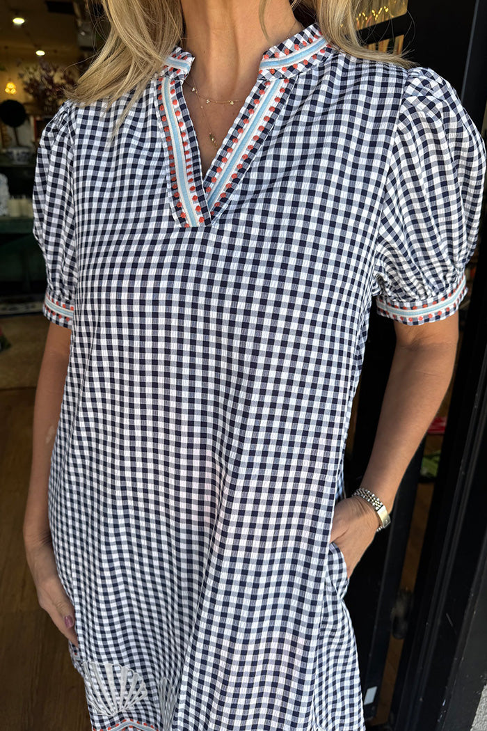Navy Gingham Puff Sleeve Pocketed Dress