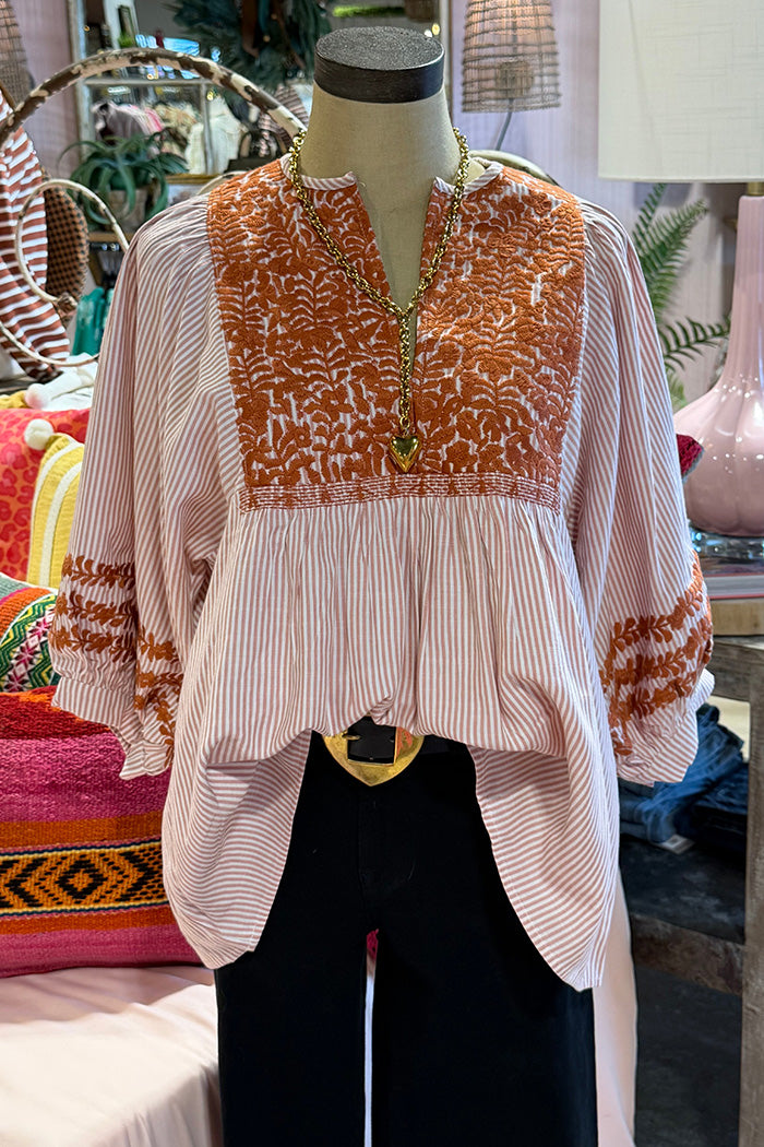 3/4 Sleeve Embroidered Yoke Striped Top