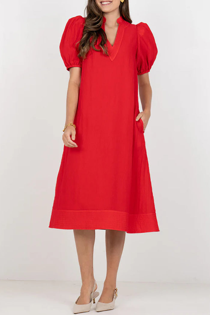 Red V-Neck Puff-Sleeve Pocket Dress
