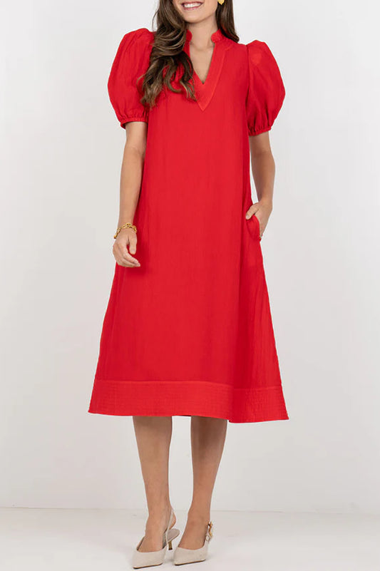 Red V-Neck Puff-Sleeve Pocket Dress