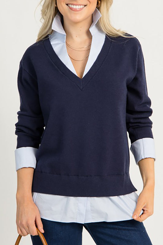 Layered Shirt Collar V-Neck Sweater