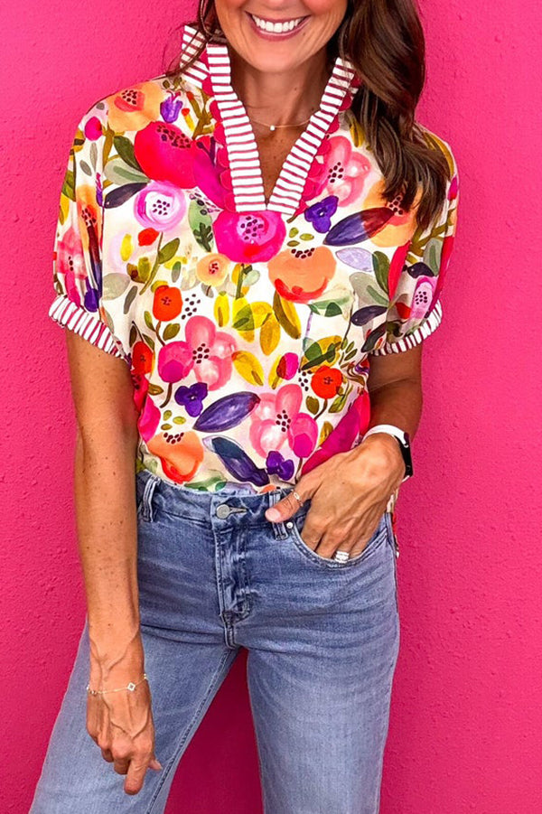 Striped Band Collar FLoral Top