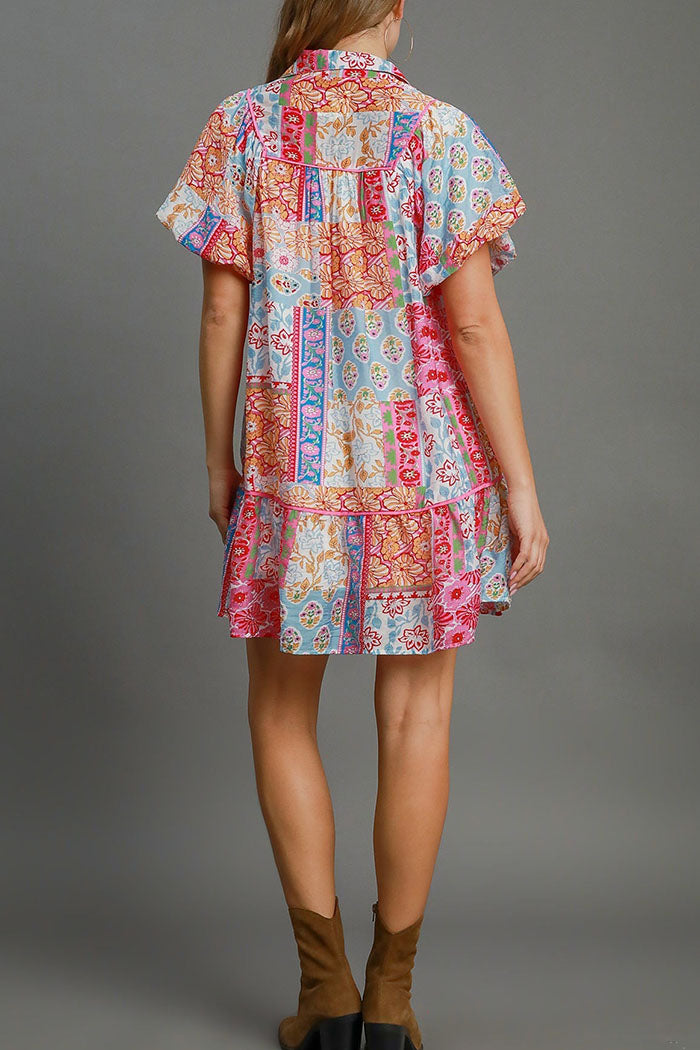 Patchwork Print Puff Sleeve Dress