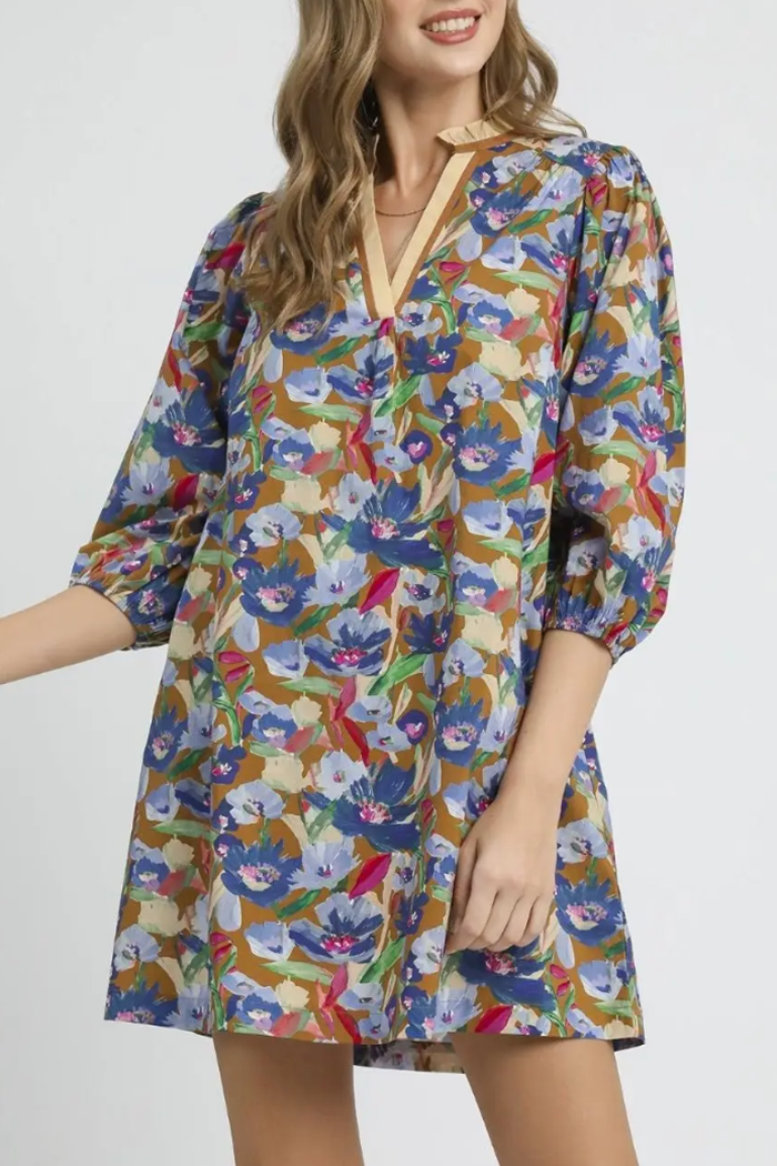 Boho Floral Balloon Sleeve Dress