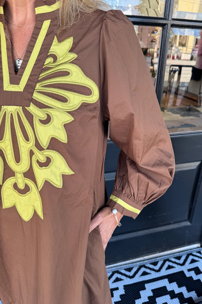 Brown Yellow Contrast Motif Balloon Sleeve Pocket Maxi Dress