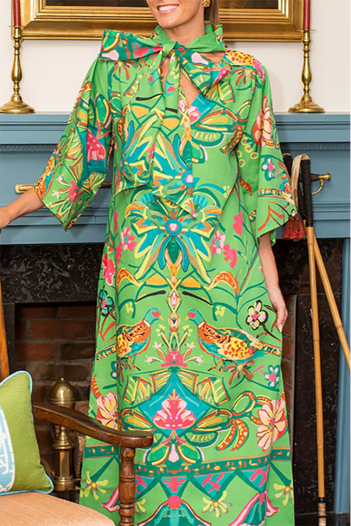 Reversible Print High Neck Tie Maxi Dress