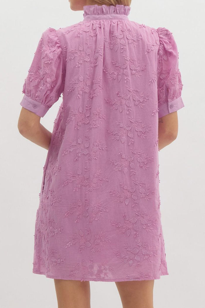 Puff Sleeve Embroidered Pocket Dress