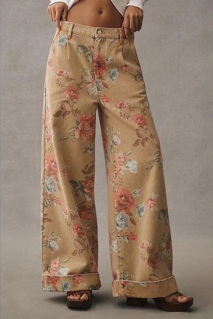 Floral Wide-Leg Cuffed Jeans
