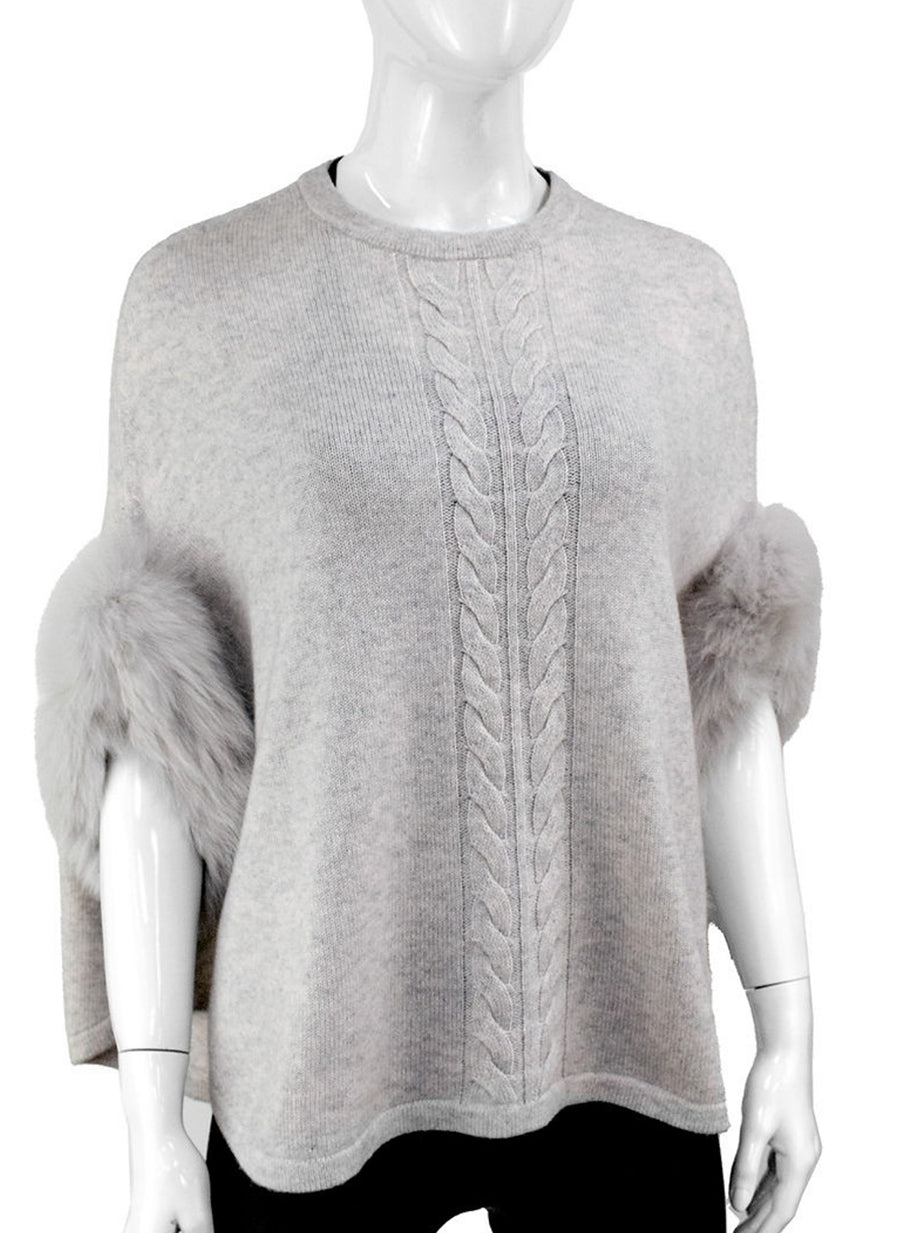 Fox Fur Trim Cable Strip Sweater Poncho