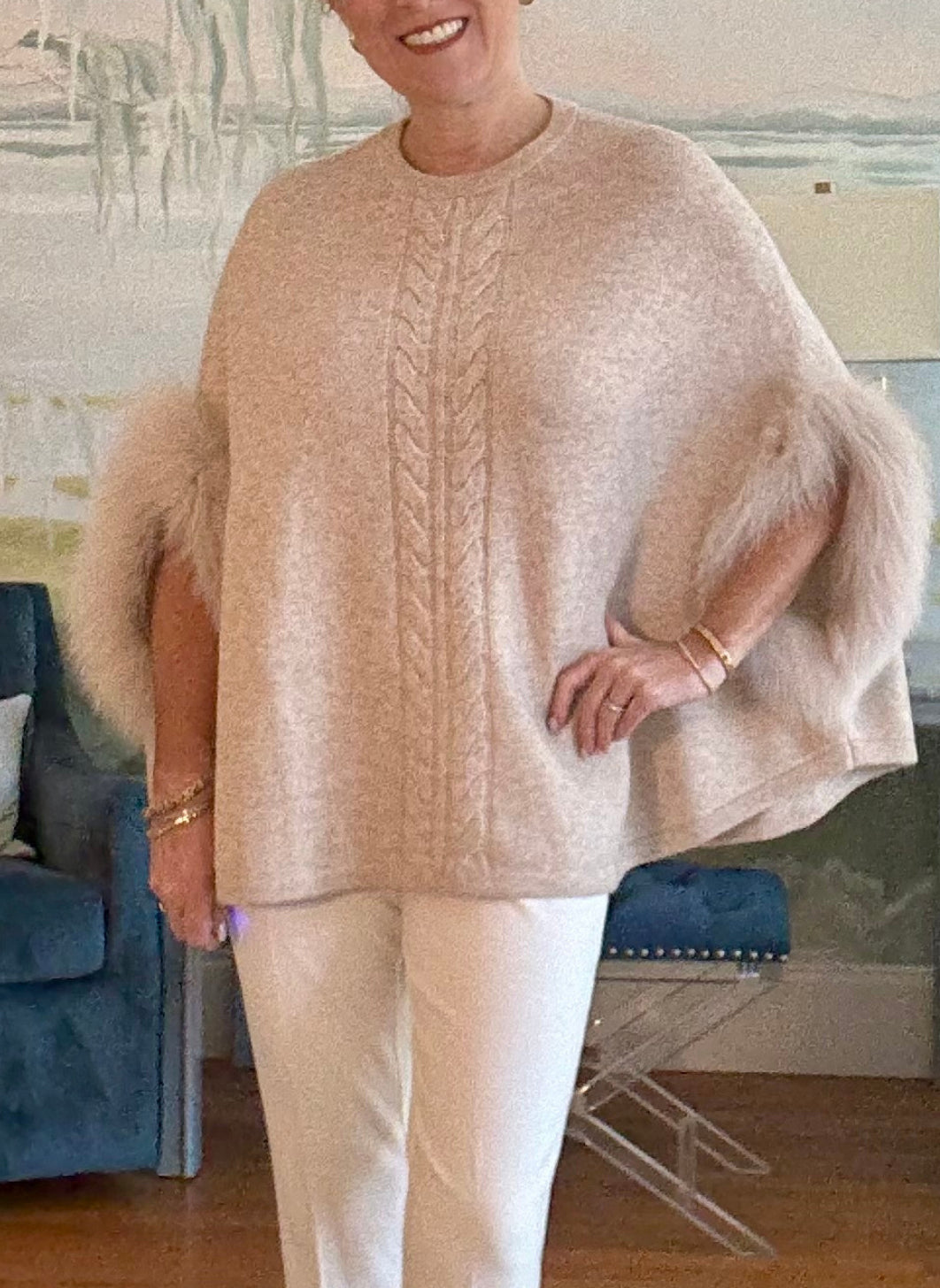 Fox Fur Trim Cable Strip Sweater Poncho