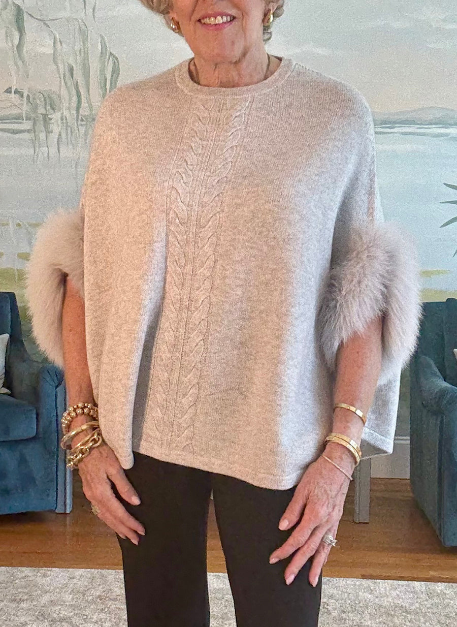 Fox Fur Trim Cable Strip Sweater Poncho