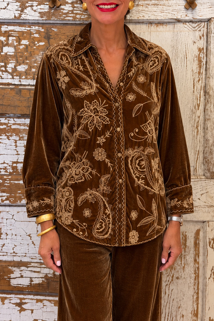 Antique Gold Embroidered Velvet Shirt