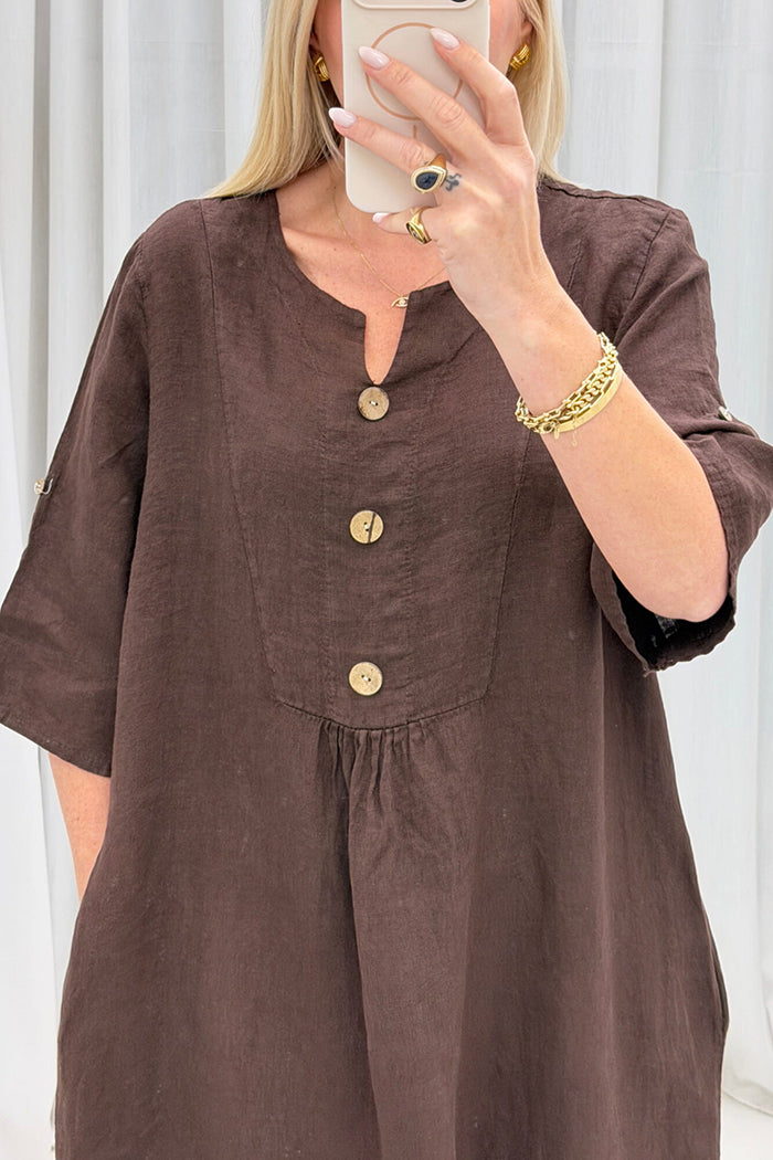 Casual Front Button Three Quarter Sleeve Midi Dress