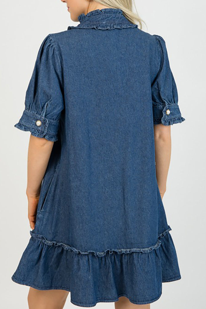 Denim Ruffle Trim Collar Pocketed Dress
