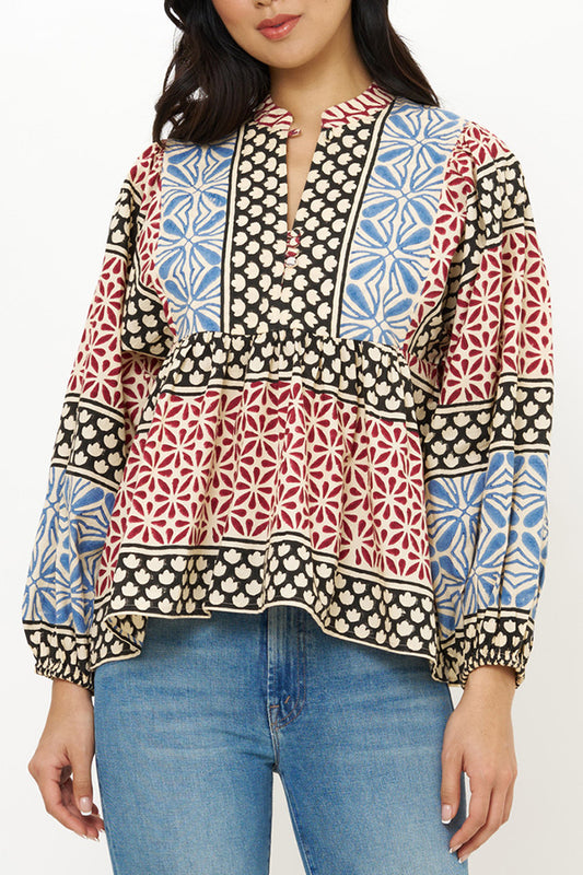 Block Print Cotton Poplin Balloon Sleeve Top