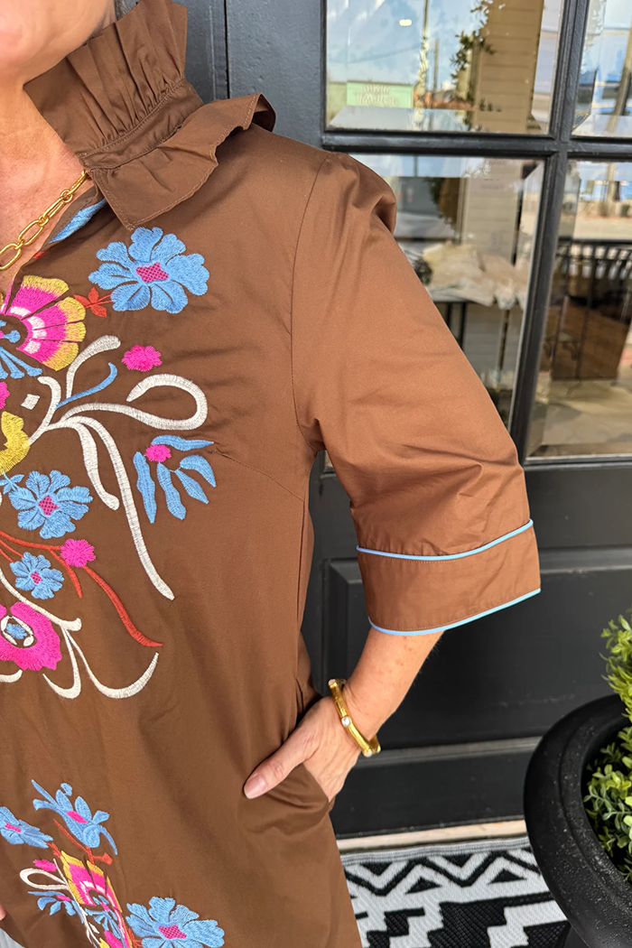 Ruffle Neck Floral Embroidered 3/4 Sleeve Pocket Shift Dress