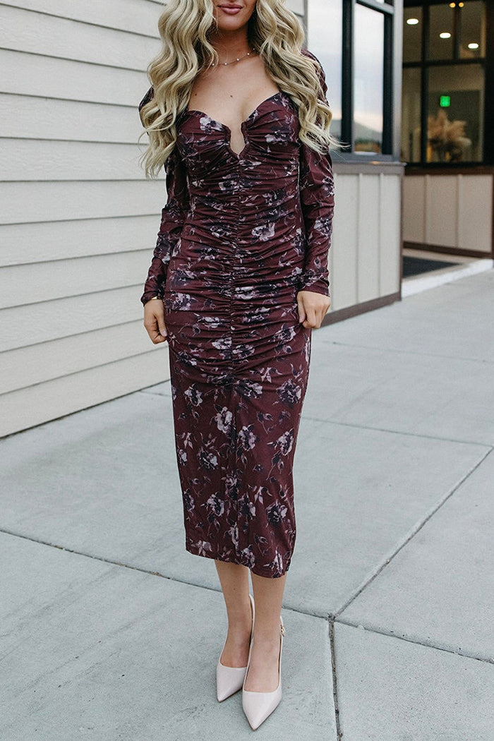 Floral Ruched Plunging V Mesh Dress