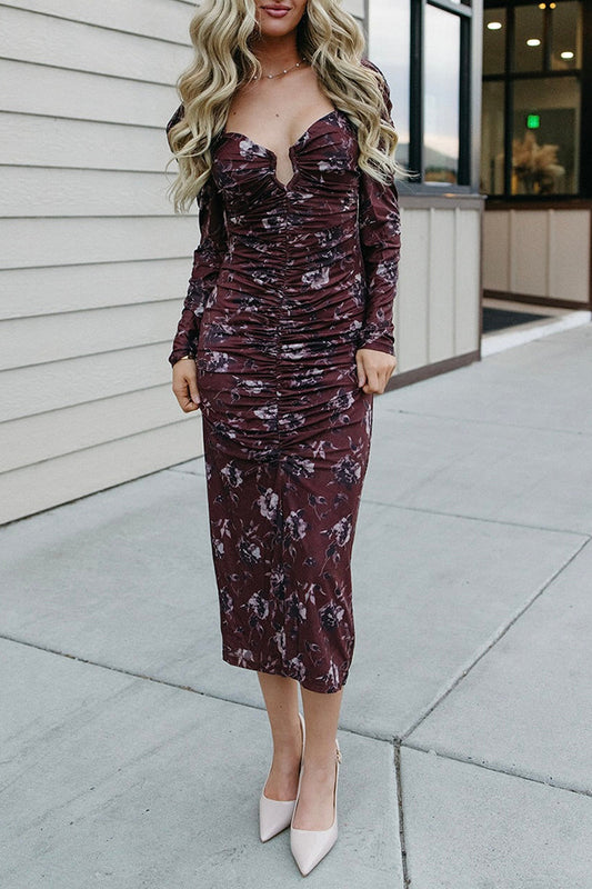 Floral Ruched Plunging V Mesh Dress