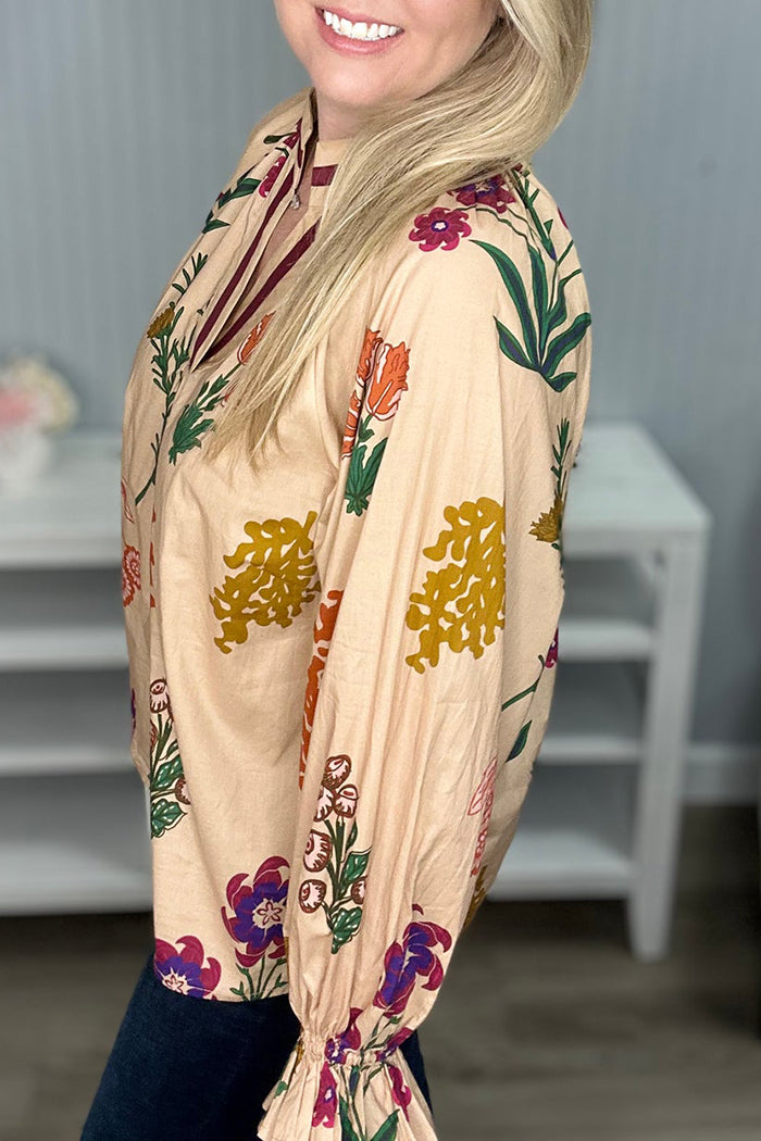 V-Neck Wildflower Gather Sleeve Top