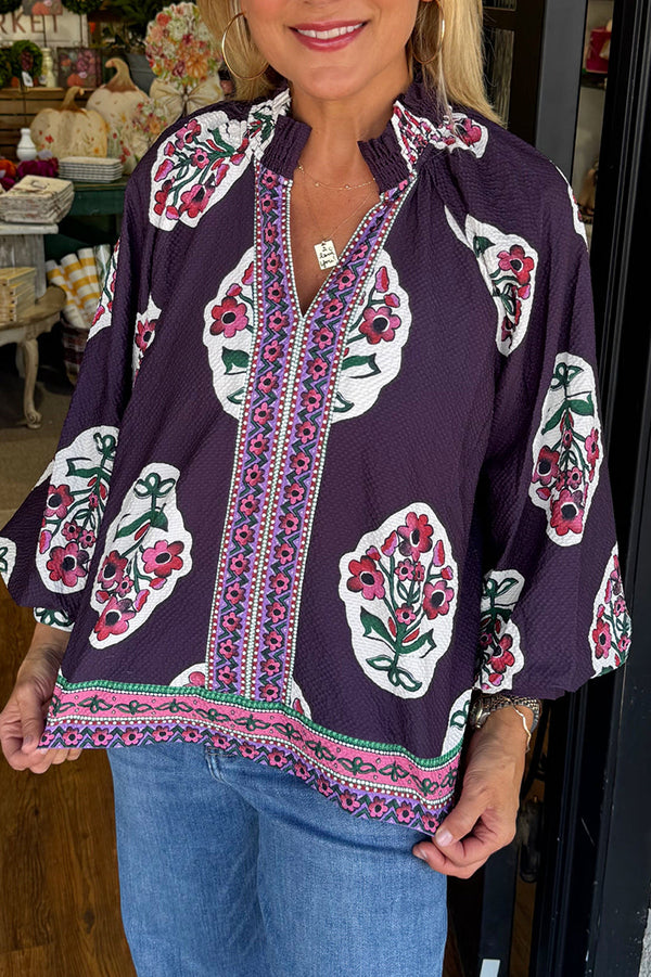 Puff Sleeve Pleated Collar Floral Top