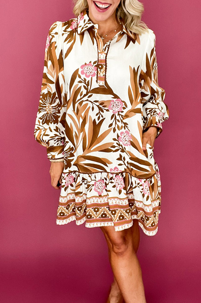 Long Puff Sleeves Floral  Pocket Dress