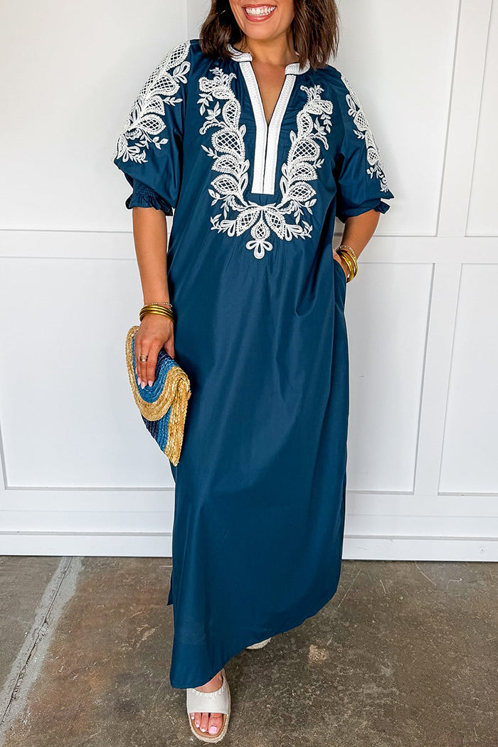 Navy Slit Puff Sleeve Pocket Dress