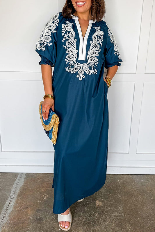 Navy Slit Puff Sleeve Pocket Dress