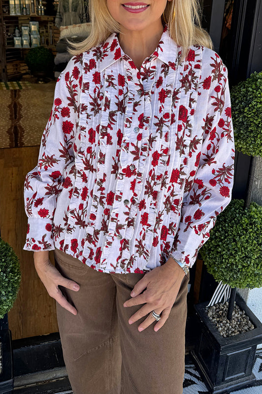 Floral Print Ruffled Placket Button-Up Blouse