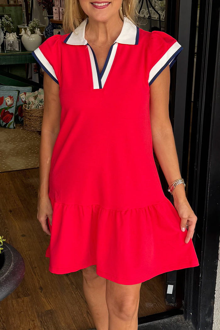 Ruffle Hem Contrast Collar Red Dress