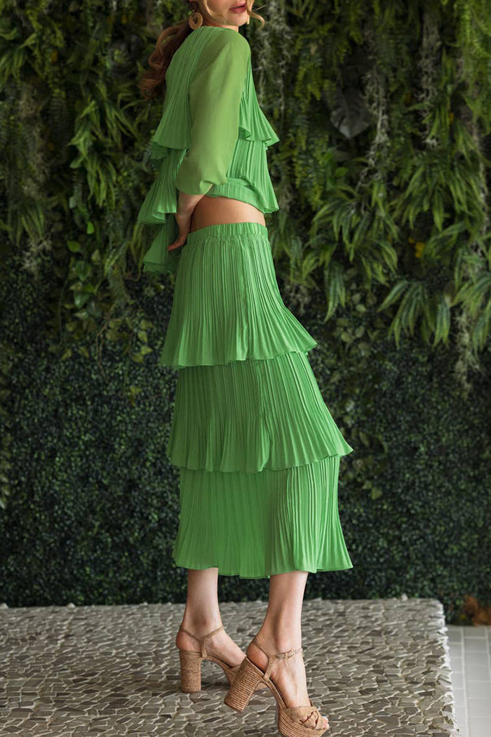 Pleated Ruffle Tiered Top And Skirt Set