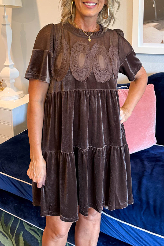 Lace Sheer-Yoke Velvet Shift Dress