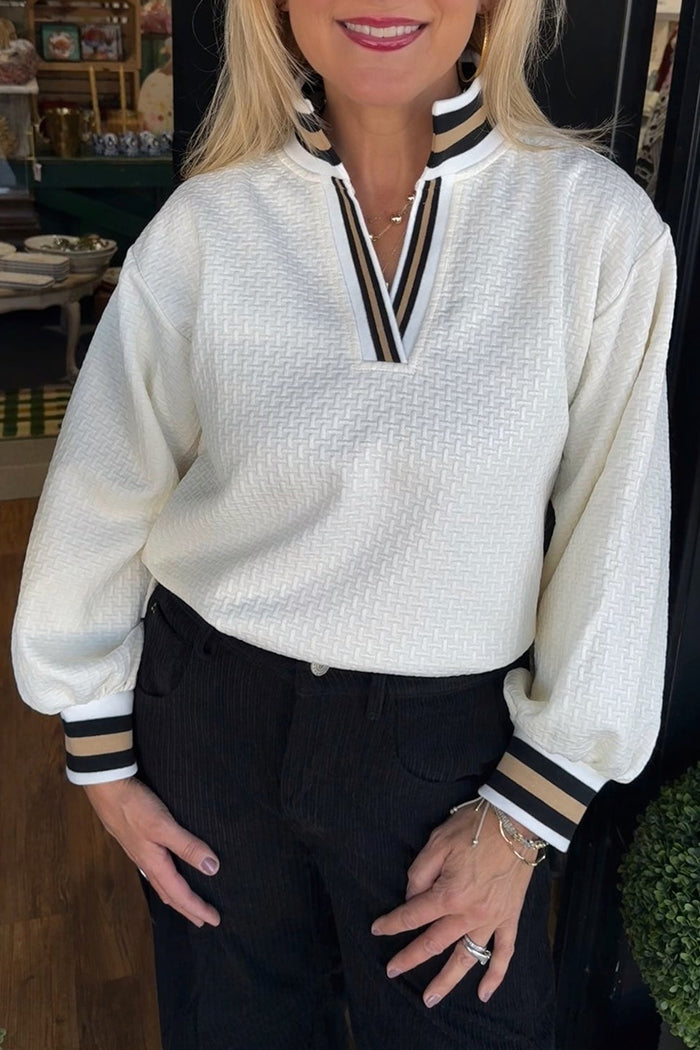 Mock-Neck Striped Trim Pullover Top