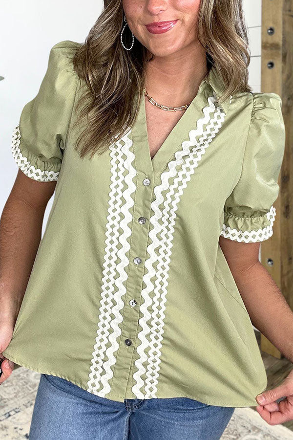 Casual V-Neck Puff Sleeve Top