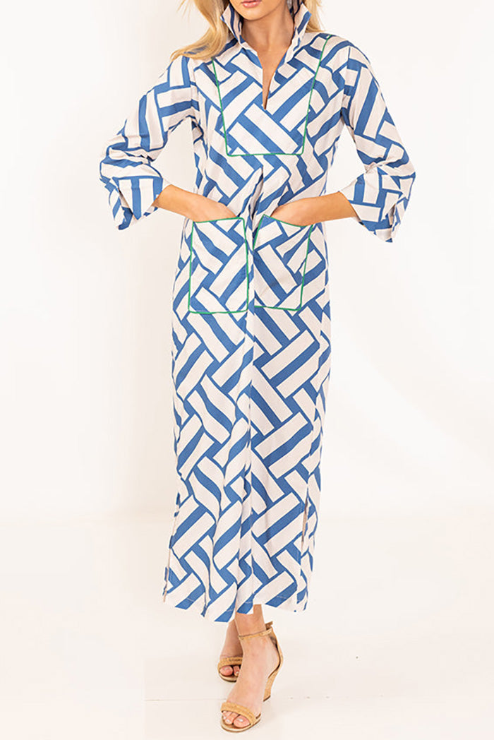 Basket Weave Print Patch Pocket Long Dress