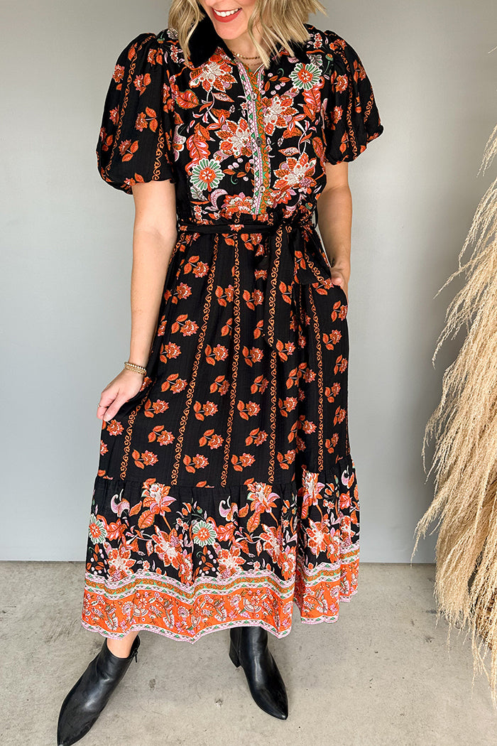 Floral Puff-Sleeve Pocketed Maxi Dress