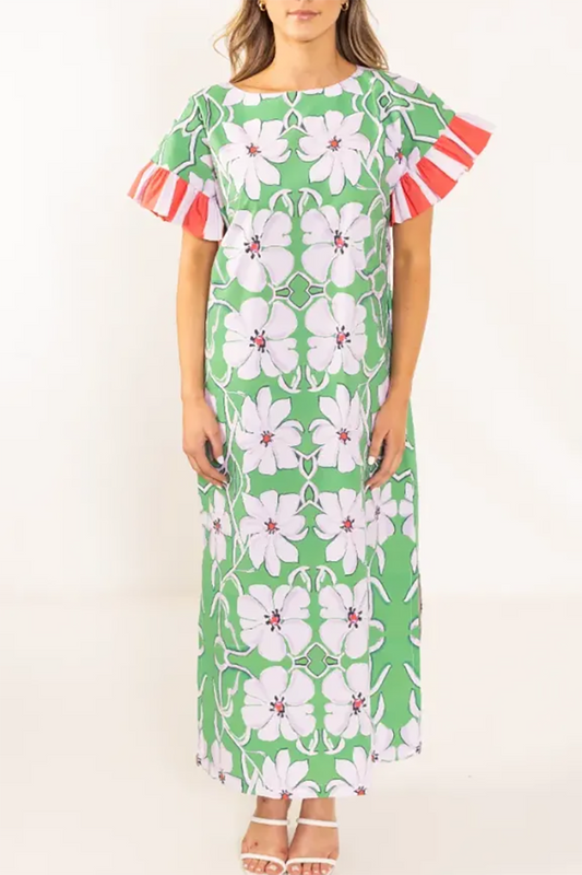 Ruffle Trim Sleeve Floral Maxi Dress