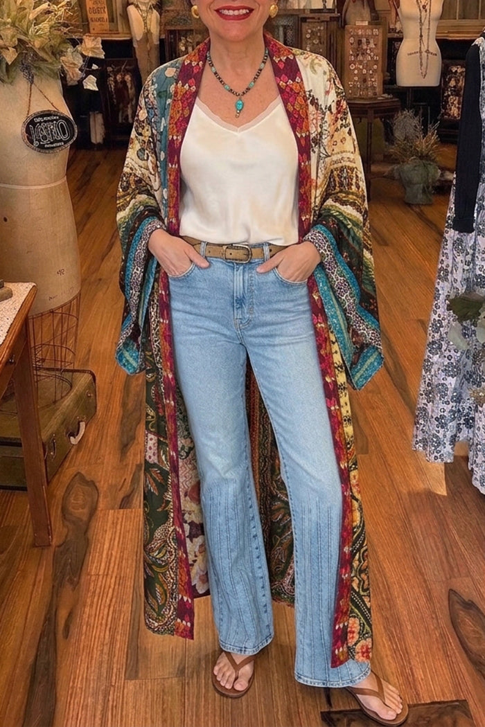 Reversible Patchwork Floral Long Silk Kimono