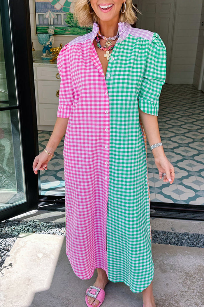 Colorblock Button Up Gingham Pocket Dress