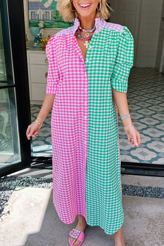 Colorblock Button Up Gingham Pocket Dress