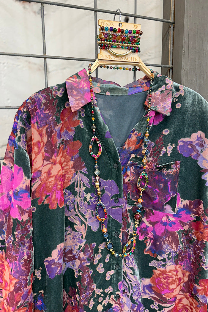 Pocketed Artistic Floral Velvet Top